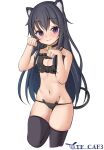  1girl akatsuki_(kancolle) animal_ears bell black_bra black_choker black_hair black_panties black_thighhighs bra breasts cat_cutout cat_ear_panties cat_ears cat_lingerie cat_tail choker cleavage_cutout clothing_cutout frilled_bra frills jingle_bell kantai_collection long_hair looking_at_viewer lowleg lowleg_panties meme_attire navel neck_bell one-hour_drawing_challenge panties paw_pose purple_eyes simple_background small_breasts solo standing standing_on_one_leg tail tf_cafe thighhighs twitter_username underwear underwear_only white_background 