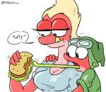  2021 amphibia_(series) amphibian anthro blonde_hair breasts burger cleavage clothed clothing disney duo eating eating_food english_text female food frog general_yunan hair hat headgear headwear hi_res long_tongue male newt open_mouth pink_body pink_skin red_body red_skin salamander_(amphibian) simple_background speech_bubble sprig_plantar text thedarkzircon tongue 