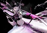  1girl black_hair breasts character_request cleavage closed_mouth cofffee copyright_request cowboy_shot dark_background detached_sleeves gloves glowing glowing_eyes looking_at_viewer midriff original outstretched_arms purple_gloves solo 