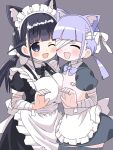  2girls apron asymmetrical_docking bandage_over_one_eye bandaged_arm bandages bandaid bandaids_on_nipples black_eyes black_hair blunt_bangs borrowed_character bow breast_press breasts commentary_request fang flat_chest hair_bow highres large_breasts maid maid_apron maid_headdress multiple_girls naitou_kouse original pasties puffy_short_sleeves puffy_sleeves purple_hair purple_nails rokuro-chan short_sleeves thighhighs twintails waist_apron 