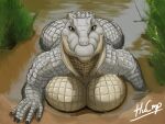  alligator alligatorid anthro big_breasts big_butt black_claws breasts brown_eyes butt claws crocodilian eyelashes female huge_breasts huge_butt hxveuseenmypen laying_in_water looking_at_viewer lying on_front pupils reptile scales scalie sharp_teeth slit_pupils solo tan_body tan_scales teeth water white_body white_scales yellow_sclera 