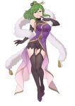  1girl alternate_costume bare_shoulders black_gloves china_dress chinese_clothes dress ebinku elbow_gloves fire_emblem fire_emblem:_genealogy_of_the_holy_war fur_collar fur_trim gloves green_eyes grin hair_ornament hairpin hand_on_own_chin high_heels highres lene_(fire_emblem) looking_at_viewer parted_bangs purple_dress simple_background smile solo white_background 
