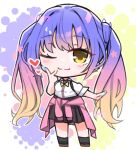  1girl ;3 black_socks blonde_hair blue_hair blue_nails blush bow bowtie chibi closed_mouth clothes_around_waist commentary gradient_hair gyaru hair_between_eyes hand_up heart kogal kohibari_kurumi long_hair looking_at_viewer multicolored_hair nail_polish one_eye_closed outstretched_arm pink_hair pink_sweater school_uniform shirt short_sleeves silver116 simple_background skirt smile socks solo standing suspender_skirt suspenders sweater tenshi_souzou_re-boot! twintails twitter_username v very_long_hair white_shirt yellow_bow yellow_bowtie yellow_eyes yellow_nails 
