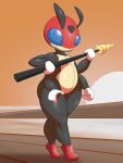  2022 4_arms 4_hands adeviantcritter ambiguous_gender antennae_(anatomy) anthro anthrofied arthropod black_body black_skin blue_eyes featureless_feet female_(lore) future_being_ledian generation_2_pokemon hi_res holding_object holding_weapon insect ledian looking_at_viewer melee_weapon multi_arm multi_hand multi_limb nintendo pokemon pokemon_(species) pokemorph polearm red_body red_skin slightly_chubby solo spear thick_thighs weapon yellow_body yellow_skin 