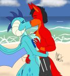  2018 2019 anthro beach black_hair blue_body blue_scales breast_grab breasts canid canine canon_x_oc clothed clothing digital_drawing_(artwork) digital_media_(artwork) dragon duo fan_character female friendship_is_magic fur grope hair hand_on_breast hasbro kiss_on_lips kissing male male/female mammal my_little_pony non-mammal_breasts partial_nudity partially_clothed princess_ember_(mlp) red_body red_fur sand scales sea seaside signature slug_snail suggestive topless topless_anthro topless_male water wings 