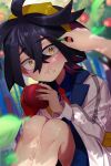  1boy 1other :t ahoge apple black_hair blue_shirt blurry blurry_background blush collared_shirt colored_inner_hair commentary_request crossed_bangs day eating falling_leaves food food_on_face fruit hairband highres jacket kaizawa_yuu kieran_(pokemon) knees leaf looking_at_viewer multicolored_hair necktie outdoors pokemon pokemon_(game) pokemon_sv pov red_necktie shirt short_hair white_jacket yellow_eyes yellow_hairband 