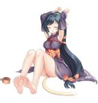  1girl absurdres angry animal_ears armpits arms_up artist_request bare_legs barefoot bdsm black_hair bondage bound breasts bruise cat_tail closed_eyes commission commissioner_upload crotch_rope cuffs detached_sleeves dirty dirty_face feet gag highres injury jewelry kuon_(utawarerumono) long_hair low-tied_long_hair no_shoes panties restrained rope sash shackles shibari shibari_over_clothes sigh sitting soles solo tail thighs toes underwear utawarerumono white_background 