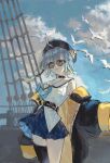  1girl absurdres ahoge anchor_symbol asymmetrical_legwear barbaros_(shadowverse) bird blonde_hair blue_hair blue_skirt cloud cloudy_sky d: glasses hat highres jacket looking_to_the_side multicolored_clothes multicolored_hair multicolored_jacket open_clothes open_jacket pirate_ship seagull shadowverse ship shirt short_hair skirt skull_and_crossbones sky sleeveless sleeveless_shirt sunglasses sutouaki two-tone_hair two-tone_jacket watercraft wind yellow_eyes 