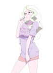  1girl alternate_costume ar_jart blonde_hair blue_eyes blush breasts casual closed_mouth clothes_writing cowboy_shot diana_cavendish hand_up highres little_witch_academia long_hair playing_with_own_hair print_shirt purple_shirt red_shorts shirt short_shorts shorts simple_background t-shirt thighs white_background 