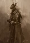  1other ambiguous_gender bloodborne brown_background brown_gloves closed_eyes coat feet_out_of_frame from_side gloves gradient_background grey_hair hat highres hunter_(bloodborne) long_hair long_sleeves profile solo standing tricorne tripdancer 