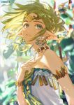  1girl absurdres bare_shoulders blonde_hair breasts character_request crystal_earrings dress earrings ears_down elf floating_hair green_eyes hand_up highres jewelry leaf light_particles looking_to_the_side parted_lips plant pointy_ears small_breasts solo sunlight the_legend_of_zelda the_legend_of_zelda:_ocarina_of_time tiara upper_body white_dress zhoujinyu1234 