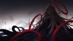  1girl ahoge artist_name commentary_request glowing glowing_eyes grey_background hair_between_eyes highres koebushi_(mat) light_brown_hair long_hair looking_at_viewer monster_girl original prehensile_hair red_eyes solo tentacles very_long_hair 