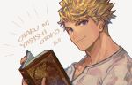  1boy blonde_hair book closed_mouth granblue_fantasy holding holding_book jhm_xyz looking_at_viewer male_focus open_book shirt short_hair simple_background smile solo upper_body vane_(granblue_fantasy) white_background white_shirt 