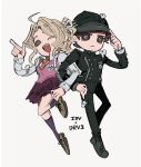  1boy 1girl akamatsu_kaede alternate_costume black_headwear black_jacket black_pants blonde_hair brown_footwear brown_hair brown_necktie button_eyes collared_shirt danganronpa_(series) danganronpa_v3:_killing_harmony frown full_body gouboot hand_up highres identity_v jacket kneehighs long_hair long_sleeves necktie pants pink_socks pink_vest ponytail saihara_shuichi shirt short_hair socks striped striped_jacket striped_pants vest white_shirt 