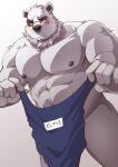  abs absurd_res anthro bear biceps blush borealis_(live_a_hero) clothing embarrassed eyebrows eyewear fur hayatohalada hi_res lifewonders live_a_hero male mammal monocle muscular muscular_anthro muscular_male nipples pecs polar_bear school_swimsuit solo swimwear thick_eyebrows ursine white_body white_fur 