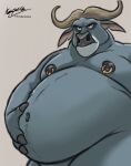  angry anthro belly black_nipples black_nose bovid bovine cape_buffalo chief_bogo disney fingers fur grey_body grey_fur hand_on_own_belly hand_on_stomach hi_res horn husky2paws male mammal moobs navel nipple_piercing nipples overweight overweight_anthro overweight_male piercing simple_background solo standing tan_horn zootopia 