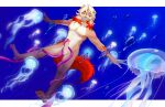  2023 absurd_res anthro arknights arm_tattoo canid canine canis cnidarian diving domestic_dog freegutchang69 fur hair hi_res horn hung_(arknights) hypergryph jellyfish long_hair male mammal marine medusozoan nude orange_hair orange_horn orange_tail smile solo studio_montagne tail tan_body tan_fur tattoo tentacles white_body white_fur white_hair yellow_eyes 