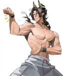  1boy abs alternate_costume arknights black_hair breath chong_yue_(arknights) cowboy_shot dragon_boy dragon_horns fighting_stance from_below highres horns large_pectorals long_hair looking_to_the_side male_focus multicolored_hair muscular muscular_male no_nipples outstretched_arm pants pectorals pointy_ears red_eyes sinnbunn solo stomach streaked_hair sweat thick_eyebrows topless_male track_pants turning_head v-taper 