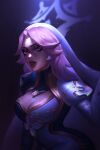  1girl artist_name black_bodysuit bodysuit breasts cleavage dwekou freckles gem gradient_background highres juliet_sleeves large_breasts league_of_legends long_hair long_sleeves miss_fortune_(league_of_legends) open_mouth parted_bangs pink_eyes pink_hair puffy_sleeves solo teeth upper_body veil watermark white_bodysuit 