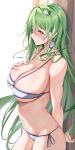  1girl 258n absurdres alternate_costume bikini blush breasts commentary_request commission frog_hair_ornament green_eyes green_hair hair_ornament hand_on_own_chest highres kochiya_sanae large_breasts long_hair looking_at_viewer navel pixiv_commission side-tie_bikini_bottom sideways_glance snake_hair_ornament solo stomach string_bikini swimsuit touhou very_long_hair white_bikini 