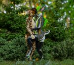  3d_(artwork) absurd_res anthro antlers butt clothed clothing deer digital_media_(artwork) duo embrace erection feathers fur genitals green_body green_eyes green_feathers hand_on_shoulder hi_res horn hug hyena kiwidox knot latex_clothing looking_at_viewer male male/male mammal multicolored_body multicolored_fur nature nature_background nub_tail outside partially_clothed pawpads paws penis rexouium standing translucent translucent_armwear translucent_clothing yellow_eyes 