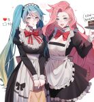  2girls :d absurdres alternate_costume apron bag black_choker black_dress blonde_hair blue_hair blush bow bowtie breasts cake choker cleavage dress english_text enmaided food frilled_apron frilled_dress frills green_eyes highres holding holding_bag holding_plate large_breasts league_of_legends long_hair maid maid_apron maid_headdress mcdonald&#039;s meme multiple_girls noodychaan open_mouth pink_hair plate red_bow red_bowtie seraphine_(league_of_legends) smile sona_(league_of_legends) teeth twintails twitter_strip_game_(meme) waist_apron 