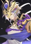  1boy aleo commentary fate/grand_order fate_(series) grey_hair high_collar highres horns male_focus mask parted_lips petals prince_of_lan_ling_(fate) purple_eyes short_hair sideways_glance solo tagme upper_body 