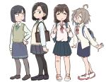  4girls :t ahoge backpack bag bandaid bandaid_on_cheek bandaid_on_face bandaid_on_knee bandaid_on_leg bandaid_on_nose black_footwear black_hair blue_hair blue_skirt blunt_ends bob_cut brown_sweater_vest carrying closed_mouth colored_inner_hair commentary do_it_yourself!! do_it_yourself!!_(drama) dress_shirt dual_persona facing_viewer fang grey_hair grey_pantyhose loafers long_sleeves looking_at_another looking_at_viewer medium_hair medium_skirt multicolored_hair multiple_girls neck_ribbon open_mouth pantyhose purple_hair red_ribbon ribbon school_bag school_uniform shirt shoes short_hair skin_fang skirt smile sneakers standing suride_miku sweater_vest swept_bangs tsubobot untucked_shirt v-neck white_shirt white_sweater_vest wing_collar yua_serufu 