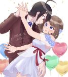 1boy 1girl :o ahoge balloon black_hair blue_eyes blue_necktie braid brendan_(pokemon) brown_hair buttons closed_mouth collared_shirt commentary_request confetti dated dress eyelashes flower highres holding_hands jacket may_(pokemon) necktie pants pokemon pokemon_adventures red_eyes red_jacket red_pants red_vest shirt short_hair sleeveless sleeveless_dress smile tsukimi_(tkm_516) vest white_dress white_shirt 