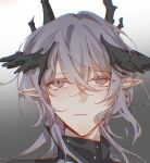  1boy arknights brown_eyes gradient_background grey_background grey_hair hair_between_eyes highres lan2546426 logos_(arknights) looking_at_viewer male_focus parted_lips pointy_ears portrait solo white_background 