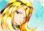  1girl blonde_hair blue_background choker commentary_request cynthia_(pokemon) cynthia_(sygna_suit)_(renegade)_(pokemon) eyelashes grey_eyes hair_over_one_eye iwane_masaaki official_alternate_costume pokemon pokemon_(game) pokemon_masters_ex solo upper_body 