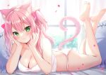  1girl animal_ear_fluff animal_ears bare_shoulders bed_sheet blush breasts camisole cat_ears cat_tail cleavage closed_mouth collarbone commentary_request feet green_eyes hair_ornament hamico head_rest indoors long_hair looking_at_viewer lying medium_breasts on_stomach original panties pillow pink_hair smile soles solo tail the_pose toes underwear white_camisole white_panties window 
