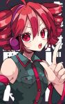  1girl ahoge bare_shoulders birthday buttons collared_shirt commentary detached_sleeves drill_hair hair_between_eyes hand_up headphones kaho_0102 kasane_teto light_blush looking_at_viewer open_mouth pointing pointing_up red_eyes red_hair shirt sleeveless sleeveless_shirt solo twin_drills upper_body utau 