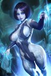  1girl black_hair blue_eyes blurry blurry_background breasts circuit colored_skin cortana english_commentary grey_nails grey_skin halo_(series) halo_4 highres hologram holographic_interface holographic_touchscreen large_breasts navel neoartcore paid_reward_available patreon_username purple_lips short_hair solo wide_hips 