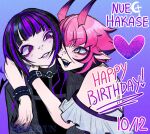  2girls black_hair black_jacket bob_cut bracelet camisole character_name claws commentary dated earrings english_commentary eyeliner frills grin happy_birthday heart highres horns indie_virtual_youtuber jacket jewelry makeup multicolored_hair multiple_earrings multiple_girls nue_hakase original pink_eyeliner pink_hair pointy_ears purple_eyeliner purple_eyes purple_hair saiyakyun sharp_teeth smile streaked_hair teeth two-tone_hair virtual_youtuber white_camisole 