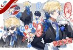  2boys black_hair black_jacket blonde_hair blue_eyes blue_flower blue_hair blue_lock blue_necktie blue_ribbon bouquet boutonniere chinese_commentary chinese_text closed_mouth commentary_request flower formal gloves gradient_hair grey_background highres holding holding_bouquet isagi_yoichi jacket long_hair long_sleeves looking_at_viewer male_focus michael_kaiser multicolored_hair multiple_boys multiple_views necktie ponytail ribbon short_hair simple_background smile suit sunglasses tong_jun translation_request two-tone_hair upper_body white_gloves 