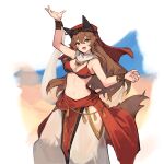  1girl :d animal_ears bracelet breasts brown_hair commentary_request desert earrings fang harem_pants highres jewelry keffiyeh lansane long_hair looking_at_viewer medium_breasts midriff orange_eyes original pants scarf shawl skin_fang smile solo tail tassel tsana_(lansane) wolf_ears wolf_tail 