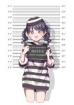  1girl @_@ black_hair blush collarbone cropped_legs english_text engrish_text fangs flower fukumaru_koito hair_flower hair_ornament height_chart height_mark highres holding holding_sign idolmaster idolmaster_shiny_colors looking_at_viewer mugshot open_mouth prison_clothes purple_eyes ranguage satomura_kyou sign skin_fangs solo sweat twintails upper_body 