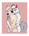  anthro blerp blush bodily_fluids canid canid_demon canine canis cheek_tuft claws clothing curled_tail demon domestic_dog duo facial_tuft genital_fluids grope groping_from_behind hair hand_in_underwear hand_on_chest hellhound hi_res horn hybrid jockstrap male male/male mammal nordic_sled_dog pink_eyes pink_hair precum red_eyes samoyed shaded simple_background simple_shading spitz tail teeth_showing tuft underwear wonivero 
