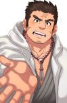  1boy bara beckoning blush cross_scar facial_hair goatee_stubble hood hooded_jacket houzouin_oniwaka jacket japanese_clothes kimono large_pectorals looking_at_viewer male_focus mature_male muscular muscular_male okogekogepan outstretched_hand pectoral_cleavage pectorals reaching reaching_towards_viewer scar scar_on_face scar_on_forehead short_hair sideburns sideburns_stubble solo stubble thick_eyebrows tokyo_afterschool_summoners upper_body v-shaped_eyebrows 