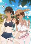  ! 2girls abs annoyed baseball_cap beach bikini black_bikini black_hair black_headwear blush breasts brown_hair closed_mouth collarbone commentary_request cowboy_shot day earrings frilled_bikini frills hand_on_another&#039;s_waist hand_on_own_hip hat heart highres hoop_earrings jewelry long_hair multiple_girls muromaki navel ocean original outdoors pink_bikini pink_eyes sand small_breasts spoken_exclamation_mark spoken_heart straw_hat swimsuit twintails water yuri 