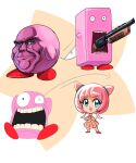  absurdres colored_skin commentary english_commentary gun highres kirby kirby_(series) multiple_views neckerchief pink_hair pink_neckerchief pink_skin pink_skirt profitshame red_footwear school_uniform serafuku short_hair shotgun skirt star_(symbol) teeth weapon white_serafuku 