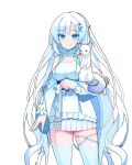  1girl animal animal_on_hand bare_shoulders blue_eyes blunt_bangs cowboy_shot dress ferret highres impossible_clothes long_hair mono_(moiky) smile very_long_hair voicevox white_background white_dress white_hair whitecul wrist_cuffs 
