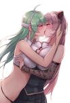  2girls absurdres asymmetrical_docking bandaged_head bandages bare_shoulders black_panties blush breast_press breasts character_request cheonju collared_shirt commission copyright_request crop_top detached_sleeves eye_contact french_kiss green_hair grey_hair hair_ornament hand_on_another&#039;s_head highres kiss large_breasts looking_at_another multiple_girls no_pants panties pleated_skirt saliva saliva_drip shirt simple_background skirt underwear white_background yuri 