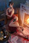  1girl ada_wong alcohol black_hair blood bottle breasts brown_eyes choker cleavage commentary cup dress drinking_glass embers english_commentary fan_yang_(jiuge) fireplace gun handgun high_heels highres holding holding_gun holding_vial holding_weapon holster large_breasts looking_at_viewer parted_bangs red_dress resident_evil resident_evil_4 resident_evil_4_(remake) short_hair side_slit smile solo thigh_holster vial weapon window wine_bottle wine_glass 