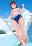  1girl absurdres artbook bare_legs barefoot blue_one-piece_swimsuit blush breasts broom cameltoe clothes_pull cloud dutch_angle feet foot_up from_below groin hair_ornament hairclip highres holding holding_broom looking_at_viewer medium_breasts medium_hair navel nipples one-piece_swimsuit one-piece_swimsuit_pull open_mouth original outdoors pool purple_eyes school_swimsuit sekiya_asami sky smile soles solo standing standing_on_one_leg swimsuit thighs toes underboob water_drop wet 