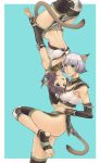  2girls absurdres animal_ears ass avatar_(ff11) black_sleeves black_socks blue_eyes breasts brown_tail cactus41747280 cat_ears cat_girl cat_tail cleavage closed_mouth detached_sleeves eyelashes facial_mark final_fantasy final_fantasy_xi grey_hair grey_hairband hairband highres leg_up loincloth long_sleeves medium_breasts medium_hair midriff mithra_(ff11) multiple_girls navel open_mouth purple_hair short_hair smile socks tail toeless_legwear upside-down whisker_markings 