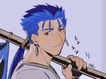  1boy adam&#039;s_apple cu_chulainn_(fate) fate/stay_night fate_(series) fingernails flag from_side grey_background hal_(haaaalhal) holding holding_flag long_hair looking_at_viewer male_focus over_shoulder ponytail red_eyes shirt silver_earrings simple_background slit_pupils solo upper_body white_shirt 