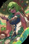  1girl antlers apple bis814 blush boros_(ouro_kronii) braid braided_bangs breasts ceres_fauna ceres_fauna_(1st_costume) cleavage creature flower food friend_(nanashi_mumei) fruit golden_apple green_flower green_hair green_rose hair_flower hair_ornament hand_on_own_chest highres hololive hololive_english jewelry large_breasts log long_hair mole mole_under_eye mr._squeaks_(hakos_baelz) music musical_note on_grass open_mouth rose sanallite_(tsukumo_sana) sapling_(ceres_fauna) singing sitting smile solo staff_(music) tree virtual_youtuber wariza yellow_eyes 