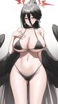  1girl absurdly_long_hair absurdres arm_behind_back bangs bikini black_bikini black_choker black_hair black_wings blue_archive breasts choker closed_mouth groin hair_between_eyes halo hand_up hasumi_(blue_archive) highres huge_breasts large_wings long_bangs long_hair mole mole_under_eye navel red_eyes samart_normal simple_background smile solo stomach strap_gap swimsuit thighs very_long_hair white_background wings 